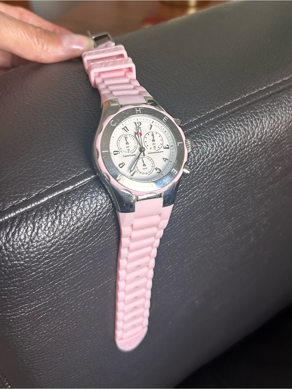 Michele Pink Silicone Strap Chronograph Watch with Silver-Tone Case - Picture 7 of 7